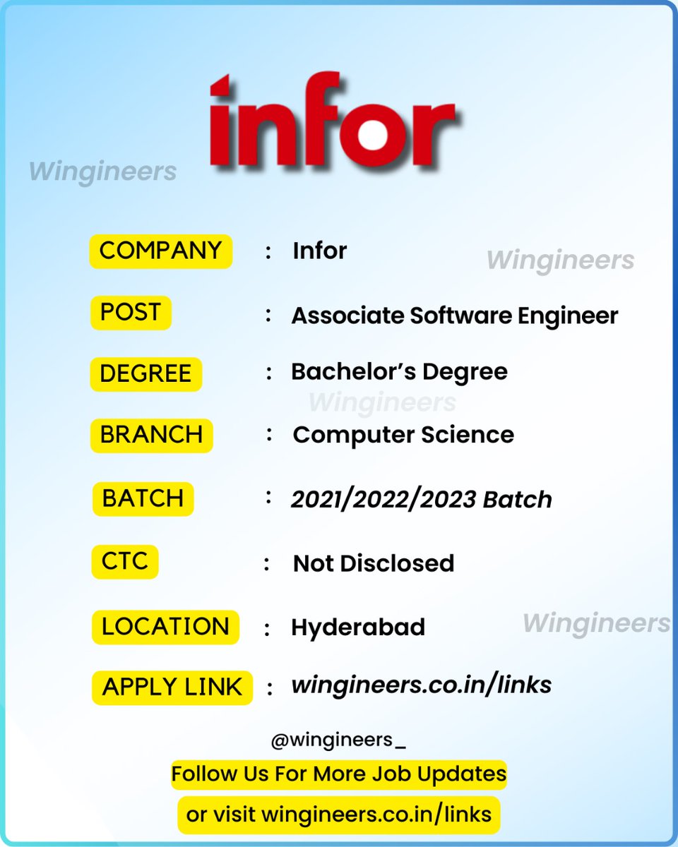Wingineer_Jobs's tweet image. wingineers.co.in/infor-is-hirin…

Infor campus drive

#CampusPlacements #batch2022 #2022jobs #freshers2022 #pune #dataanalytics #electricalengineering #mechanicalengineer #sales #designengineer #tcsjobs #offcampus #tcs #wingineers #offcampusdrive #freshers #Freshersjobs #itjobs #software