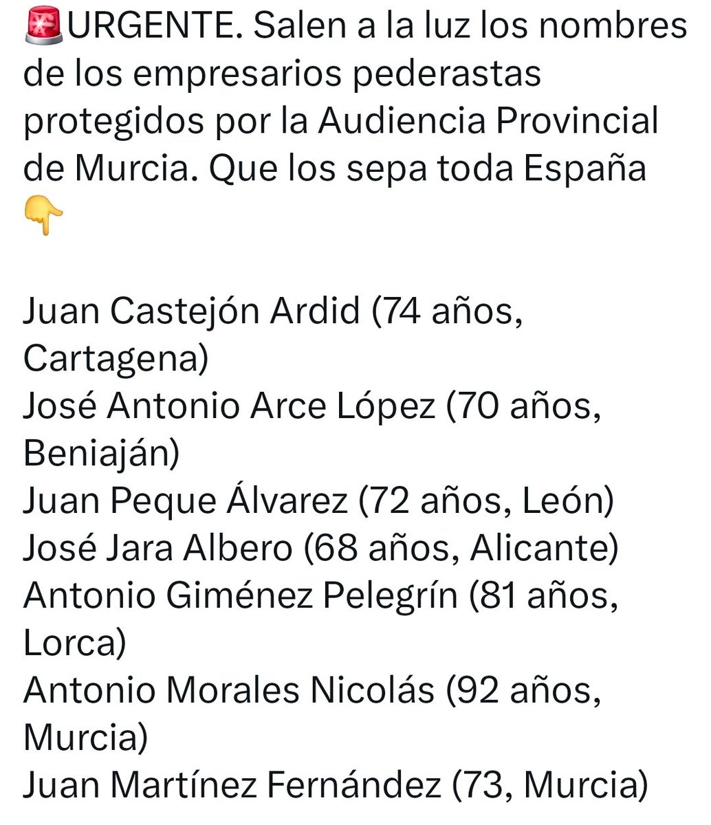 Esta es la lista de pederastas que se han librado de la cárcel por violar niñas en Murcia.
Recuerda sus nombres y color de piel cuando te hablen de inmigrantes violadores.