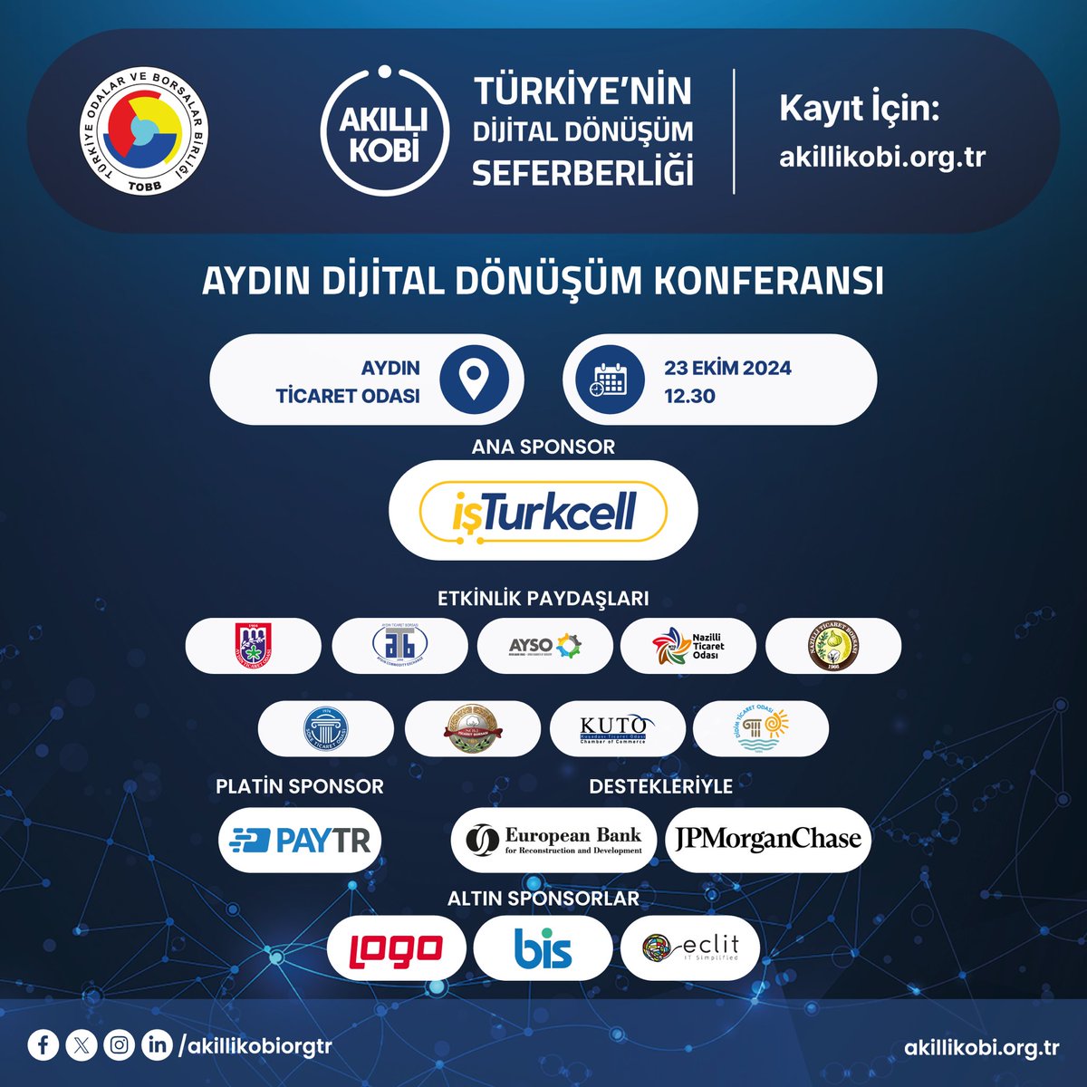 Akıllı KOBİ Dijital Dönüşüm Konferansları’nın sıradaki durağı Aydın!

23 Ekim'de Aydın Ticaret Odası’nda buluşalım!

Kayıt için: akillikobi.org.tr/konferans-aydi…

<a href="/TOBBiletisim/">TOBB</a> #AkıllıKOBİ #DijitalDönüşümKonferansı