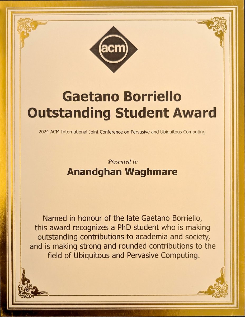 Incredibly honored to receive the Gaetano Borriello Outstanding Student Award at #Ubicomp2024! Huge congrats to the other finalists!  Deeply grateful to my advisor Dr. Shwetak Patel, my mentors, and the awards committee.  Excited to bring this award back home to the <a href="/uwcse/">Allen School</a>!