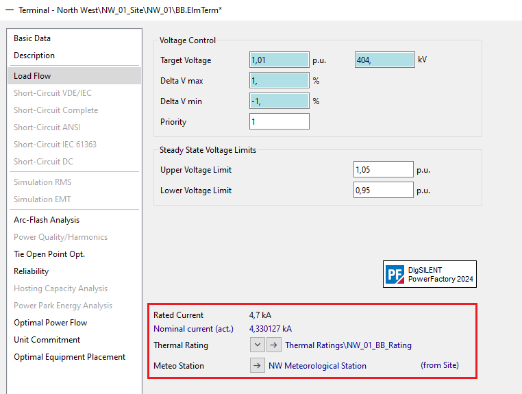 DIgSILENT_GmbH's tweet image. In PowerFactory 2024, Busbars and Bays can have thermal ratings assigned. This also means that weather conditions can be considered, via Meteorological Station elements assigned to the parent substation or site.

#DIgSILENT #PowerFactory #Featureoftheweek #PF2024 #newfeature