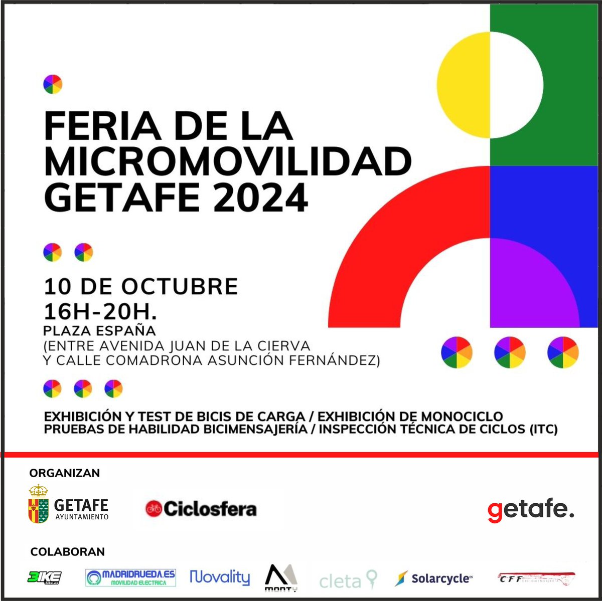 Feria de la #Micromovilidad #Getafe 2024 mañana jueves 10 de octubre de 16:00 a 20:00 h en la plaza de España.