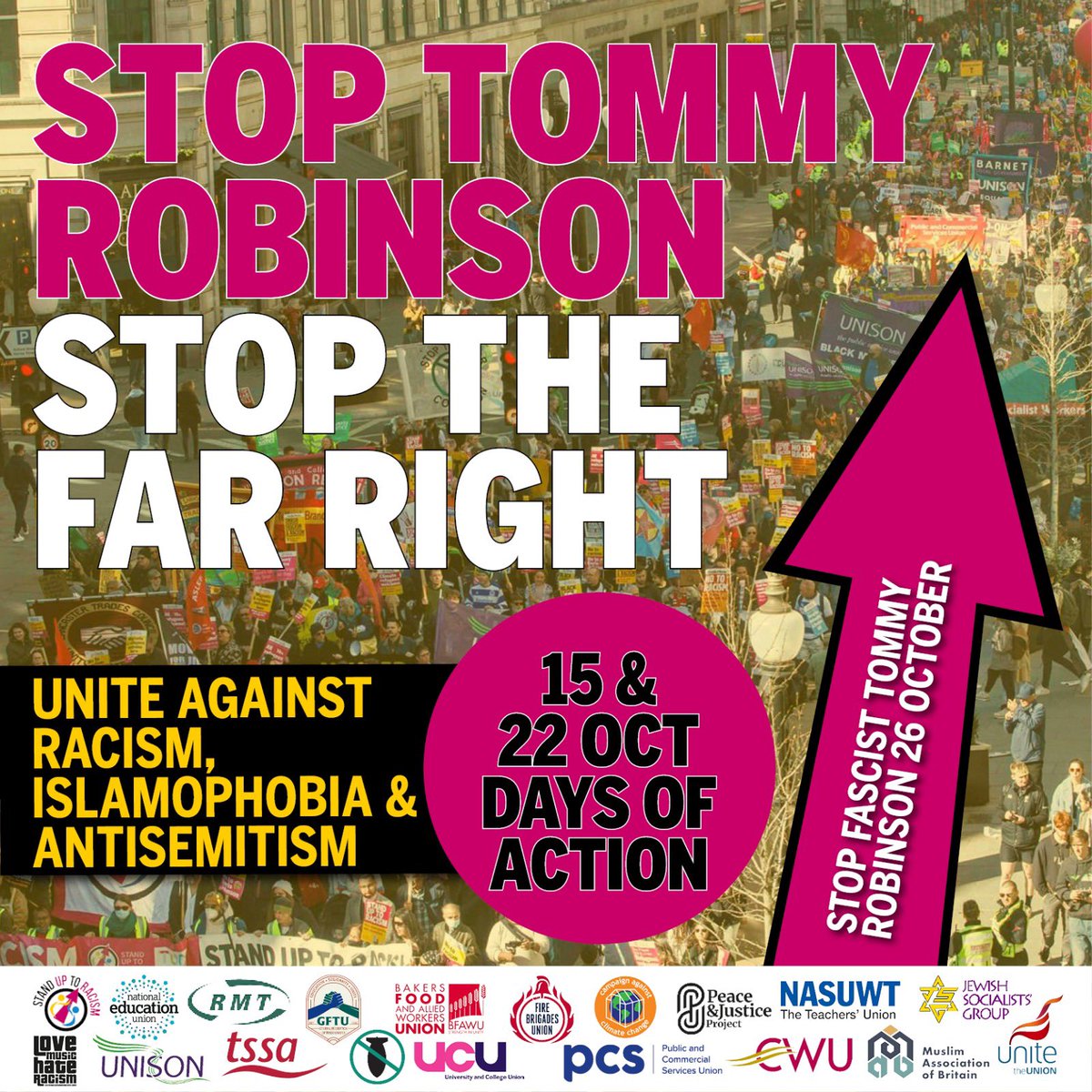 AntiRacismDay's tweet photo. Join the national days of action to build the Stop Tommy Robinson national demo
👉🏽Tuesday 15 and Tuesday 22 October

We want to see antiracist activity in every area to mobilise the maximum number of people on 26 October to oppose the far right! https://t.co/m7Re8LnEXI