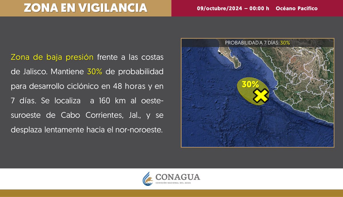 conagua_clima's tweet photo. El #SMNmx continúa en vigilancia una zona de #BajaPresión en el océano #Pacífico frente a las costas de #Jalisco, con 30 % de probabilidad de desarrollo ciclónico en 48 horas.   Los detalles aquí 👇 https://t.co/VjQS07YKXC