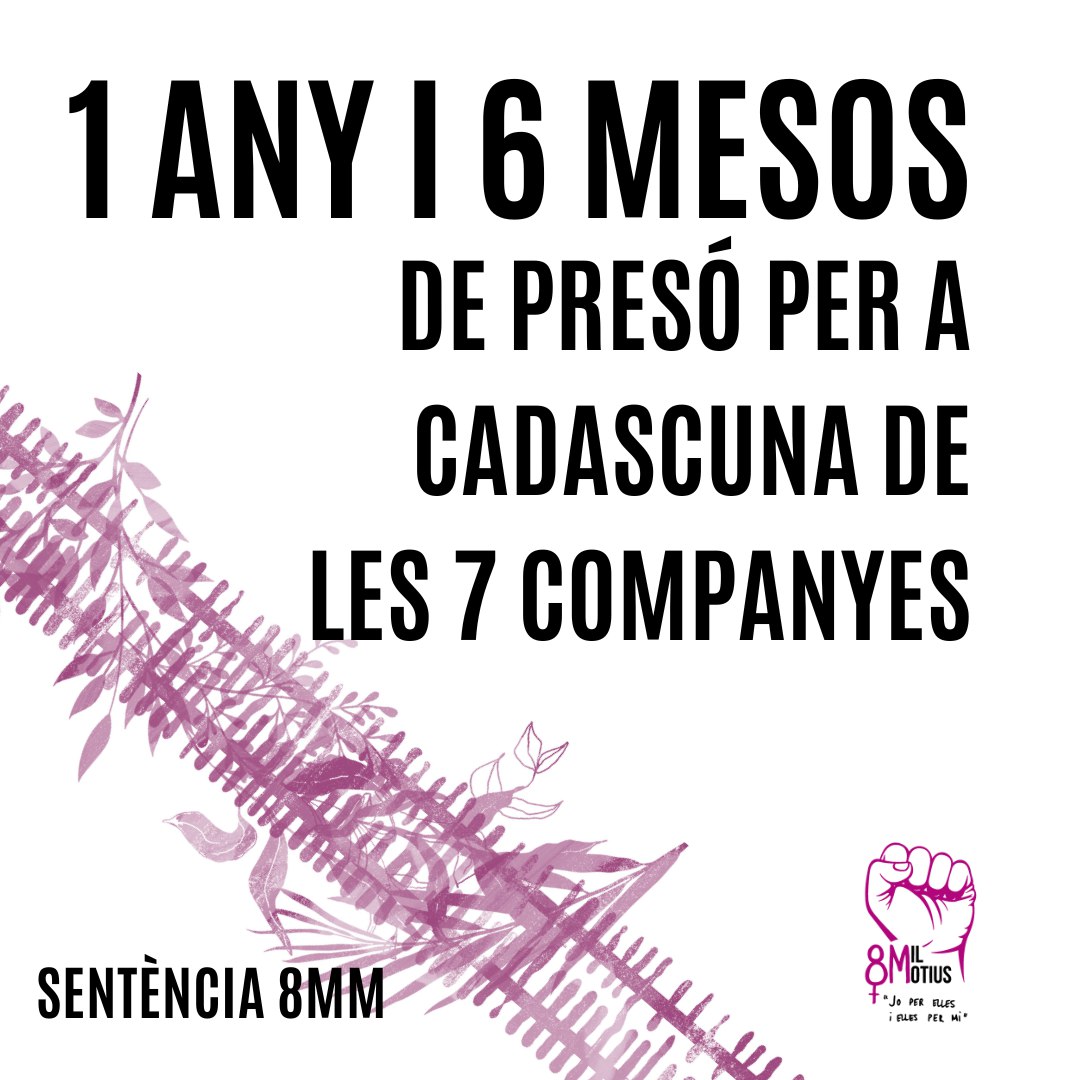 8MilMotius's tweet photo. ⛓️‍💥 No empresonaran el feminisme.  Que paguin cara la sentència!

📝 Convidem a col·lectius i entitats a adherir-vos al manifest de solidaritat amb #8MilMotius: https://t.co/HAfmclPK8A

I demà dijous mostrem la nostra ràbia i la nostra solidaritat, a les 18h a FGC Sant Cugat ❤️‍🔥 https://t.co/GvoP9draKV
