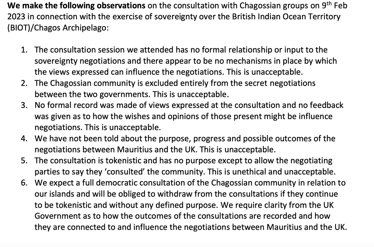 ChagossianVoic2's tweet photo. The negotiations between Mauritius and the UK were secret and in person. The handful of ‘consultations’ with Chagossians conducted by the last Government were on Teams, were not secure, had little clear focus, no minutes and provided no meaningful insight or input into the negotiations. They were so bad that Chagossian community groups wrote a joint letter in March 2023 to Foreign Secretary James Cleverly to complain (extract below). They did not improve and then stopped.