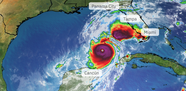 13thKai's tweet photo. This is not right. You have Milton and a smaller hurricane in front of it? Going to call it Mini Me Milton. WTF? Mini Me Milton has an eyewall. Come on.
#Pray4Florida
https://t.co/jQurHfOI6O https://t.co/qSuargkpXg
