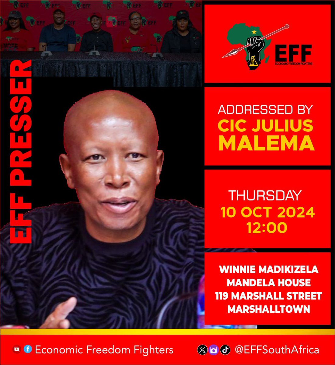 Lock in tomorrow, 10th October 2024 at 12H00 for the EFF Presser addressed by CIC <a href="/Julius_S_Malema/">Julius Sello Malema</a> with the Officials. 

#EFFPresser