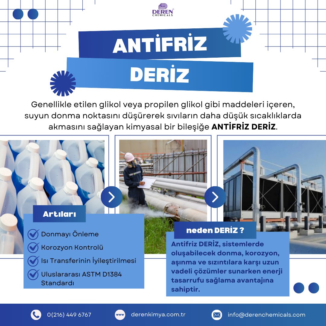 Deren Kimya (@derenkimya) on Twitter photo Antifriz, suyun donma noktasını düşürerek sıvıların daha düşük sıcaklıklarda akmasını sağlayan kimyasal bir bileşiktir.
Deren Kimya Antifriz ürünümüz;
DERİZ
Bilgi almak için;
📩 info@derenchemicals.com
📞+90 (216) 449 6767 Antifriz, suyun donma noktasını düşürerek sıvıların daha düşük sıcaklıklarda akmasını sağlayan kimyasal bir bileşiktir.
Deren Kimya Antifriz ürünümüz;
DERİZ
Bilgi almak için;
📩 info@derenchemicals.com
📞+90 (216) 449 6767