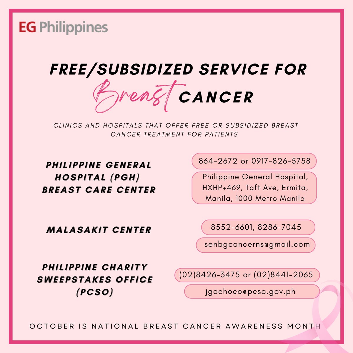 E_GuardianPH's tweet photo. October is National Breast Cancer Awareness Month, and as we celebrate and spread support to those who are bravely facing this disease, it is important to know more about this. By being equipped with the right knowledge, we can further extend our hand to those who are in need. https://t.co/ndnxQZadZh