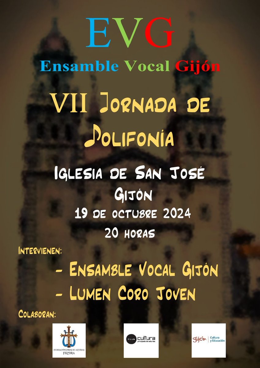 Os esperamos en la Iglesia de San José el próximo 19 de Octubre a las 20 H
Nos acompañará LUMEN CORO JOVEN.
Estreno absoluto de "Musa da miña terra" de Jorge Costas
¡¡Pasaremos lista!!
Seguiremos informando
<a href="/lanuevaespana/">La Nueva España</a>
<a href="/elcomerciodigit/">EL COMERCIO</a>
<a href="/CapitalGijon/">GIJÓN CAPITAL XIXÓN 🔴⚪️🔴</a>
<a href="/jorgecostasM/">Jorge Costas Miguélez</a>
<a href="/LauraFonsua/">Laura Fonseca</a>