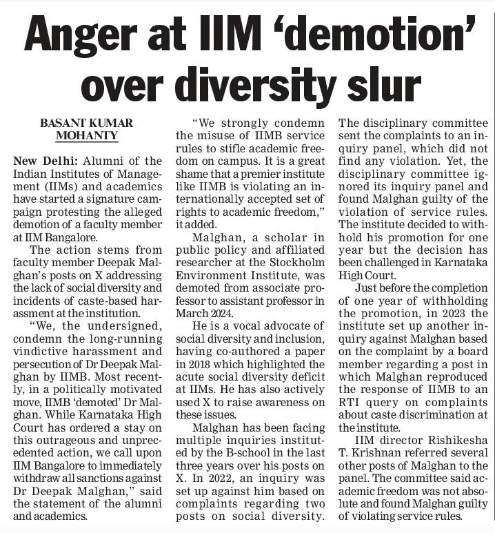 Academic colleagues and IIM alumni, please consider signing the statement in support of Prof. Deepak Malghan. His advocacy for inclusion at IIMs has influenced my, and others' work on caste. It earned him a demotion and harassment. For details, see:

forms.gle/dM3VgxQpQxybbH…