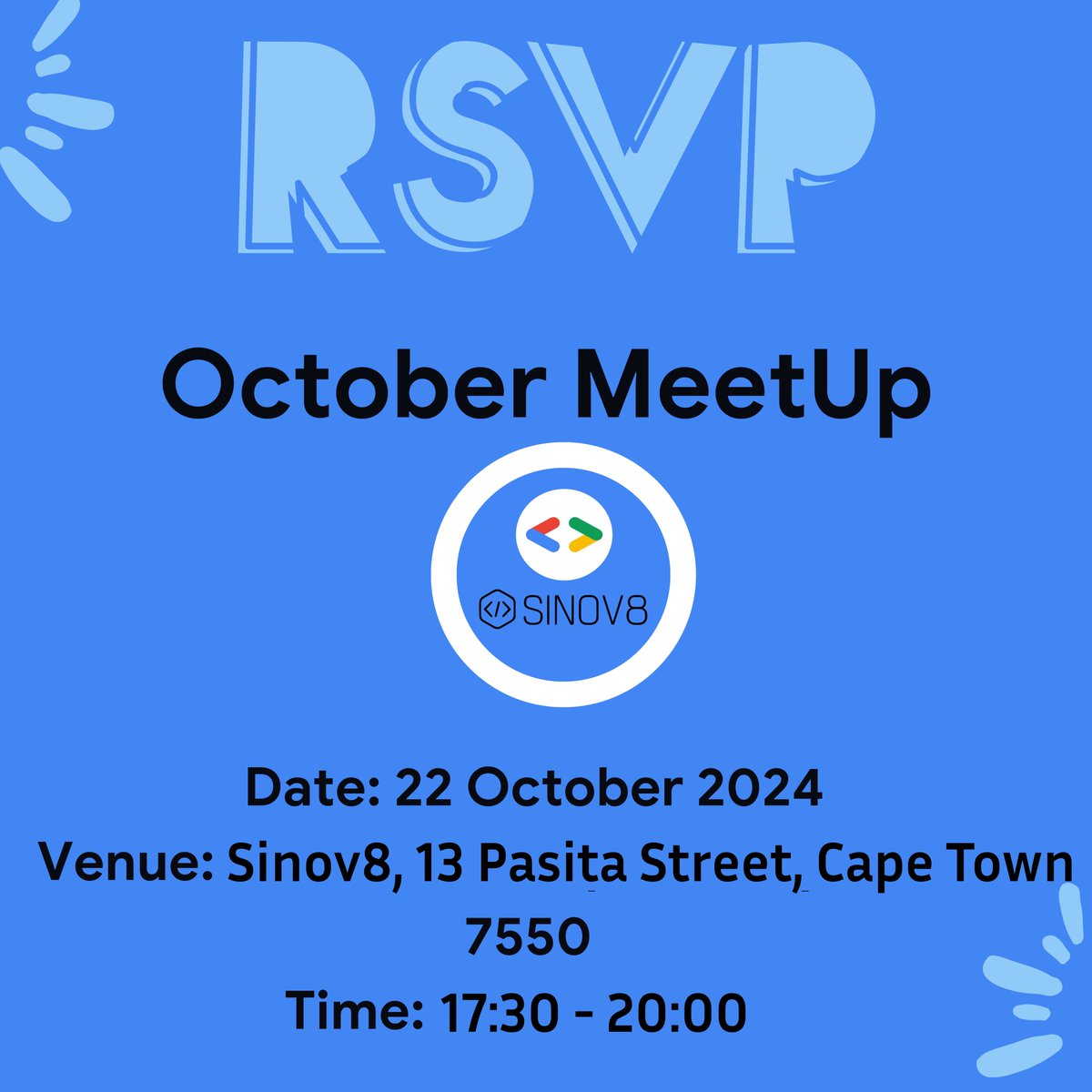 GDGCapeTown's tweet photo. ๐Excited to announce our October Meetup!
Details below โคต๏ธ
๐
22 Oct
๐Sinov8, 13 Pasita Street, Cape Town, 7550
๐ฃ 17:30 โ 20:00
๐ RSVP: https://t.co/QUanqrH9RF
#OctoberMeetup #GDGCapeTown ๐ป https://t.co/tgwfPb5AUR