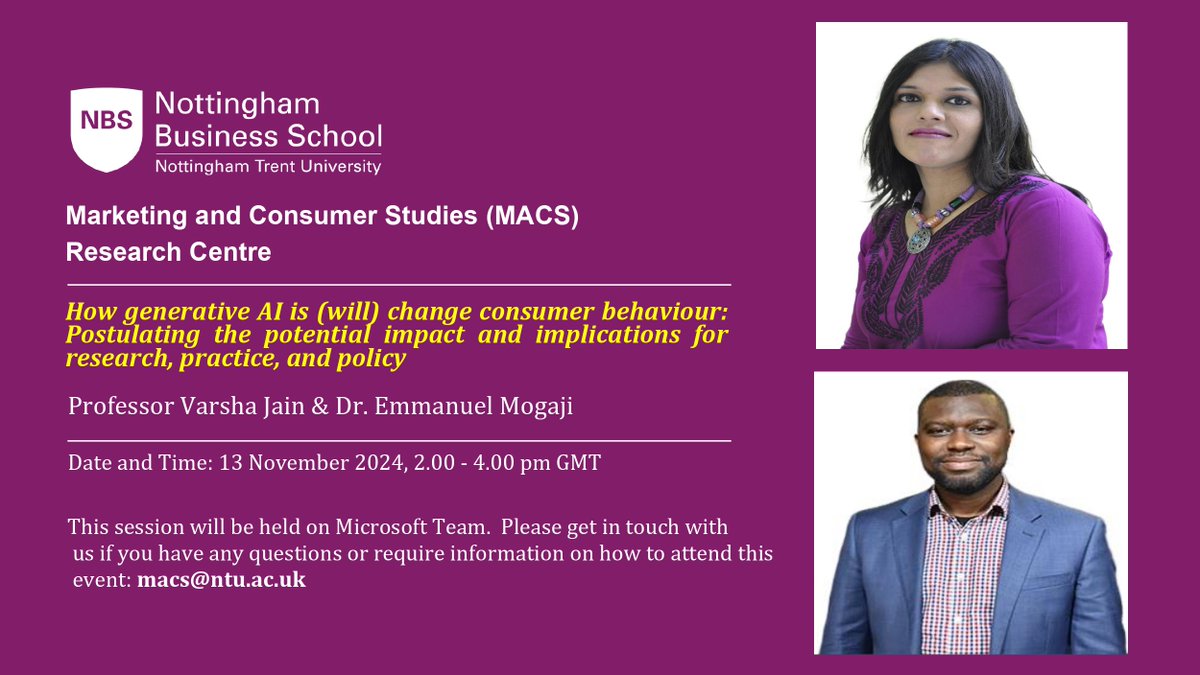 Marketing and Consumer Studies Research Centre (@mktresearchnbs) on Twitter photo Join us for our first #ResearchAssembly of #2024-2025!
Prof. Varsha Jain (MICA, India) & Dr. Emmanuel Mogaji (<a href="/e_mogaji/">Emmanuel Mogaji, PhD</a> ) (<a href="/KeeleBSchool/">Keele Business School, Keele University.</a>) will discuss how generative #AI is reshaping #consumer behaviour.
Register here 👉ntu.ac.uk/about-us/event… Join us for our first #ResearchAssembly of #2024-2025!
Prof. Varsha Jain (MICA, India) & Dr. Emmanuel Mogaji (<a href="/e_mogaji/">Emmanuel Mogaji, PhD</a> ) (<a href="/KeeleBSchool/">Keele Business School, Keele University.</a>) will discuss how generative #AI is reshaping #consumer behaviour.
Register here 👉ntu.ac.uk/about-us/event…