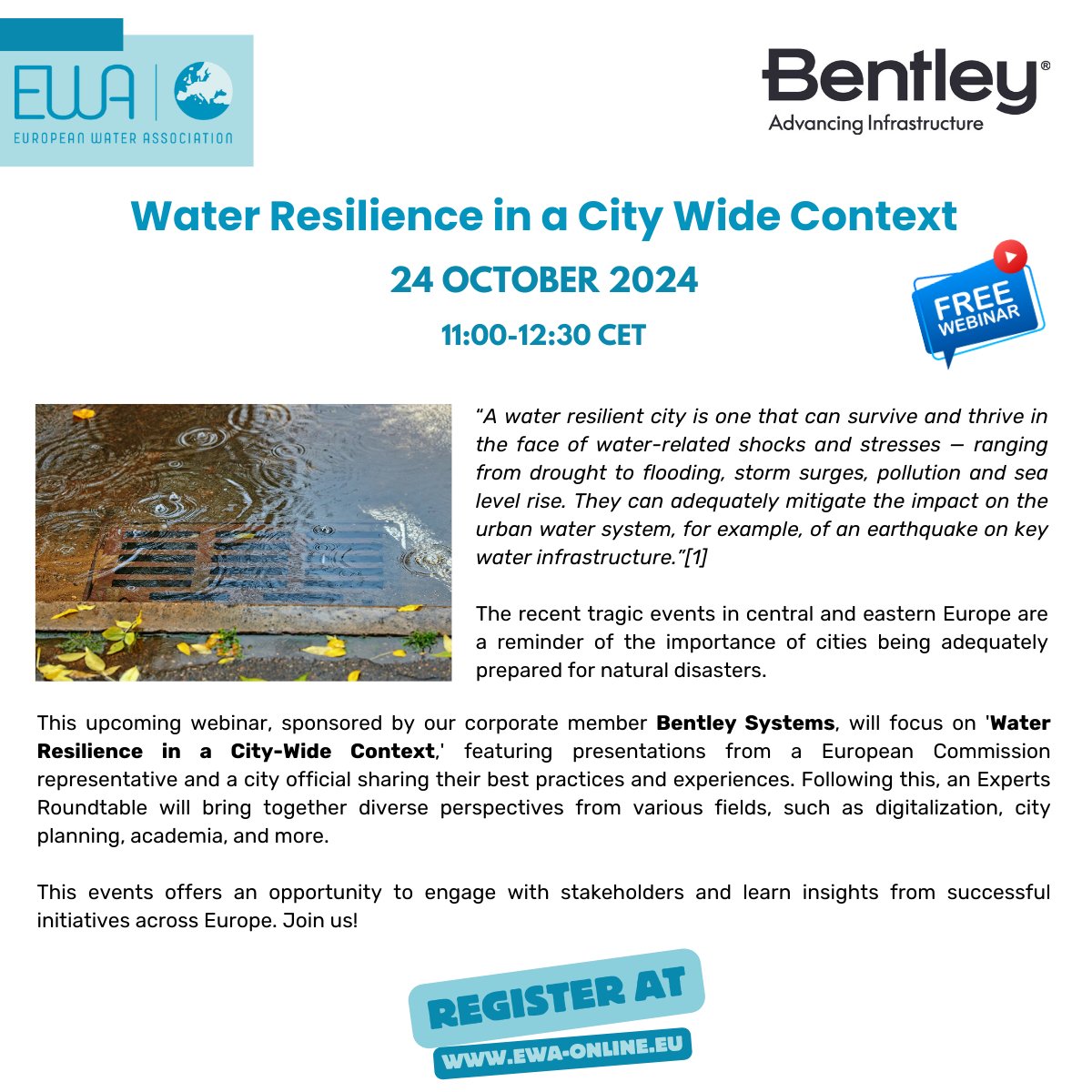 🌍💧 As natural disasters become more frequent, cities must strengthen their resilience. Join our webinar on Oct 24, featuring expert from the European Commission.  Don’t miss out and register⤵
t1p.de/bdvpz