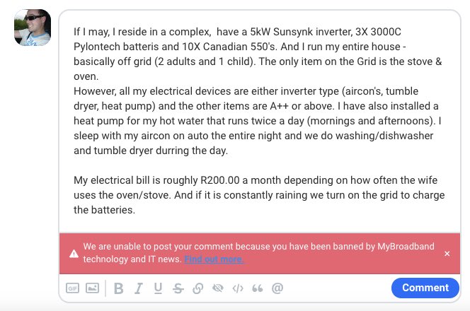 Spanners21's tweet photo. Hey team @mybroadband why m I banned? Is it for life??
I wanted to comment on the Tesla Power Wall with a user whom stated a 5kw does not do much. https://t.co/Q8iwoCnCTM