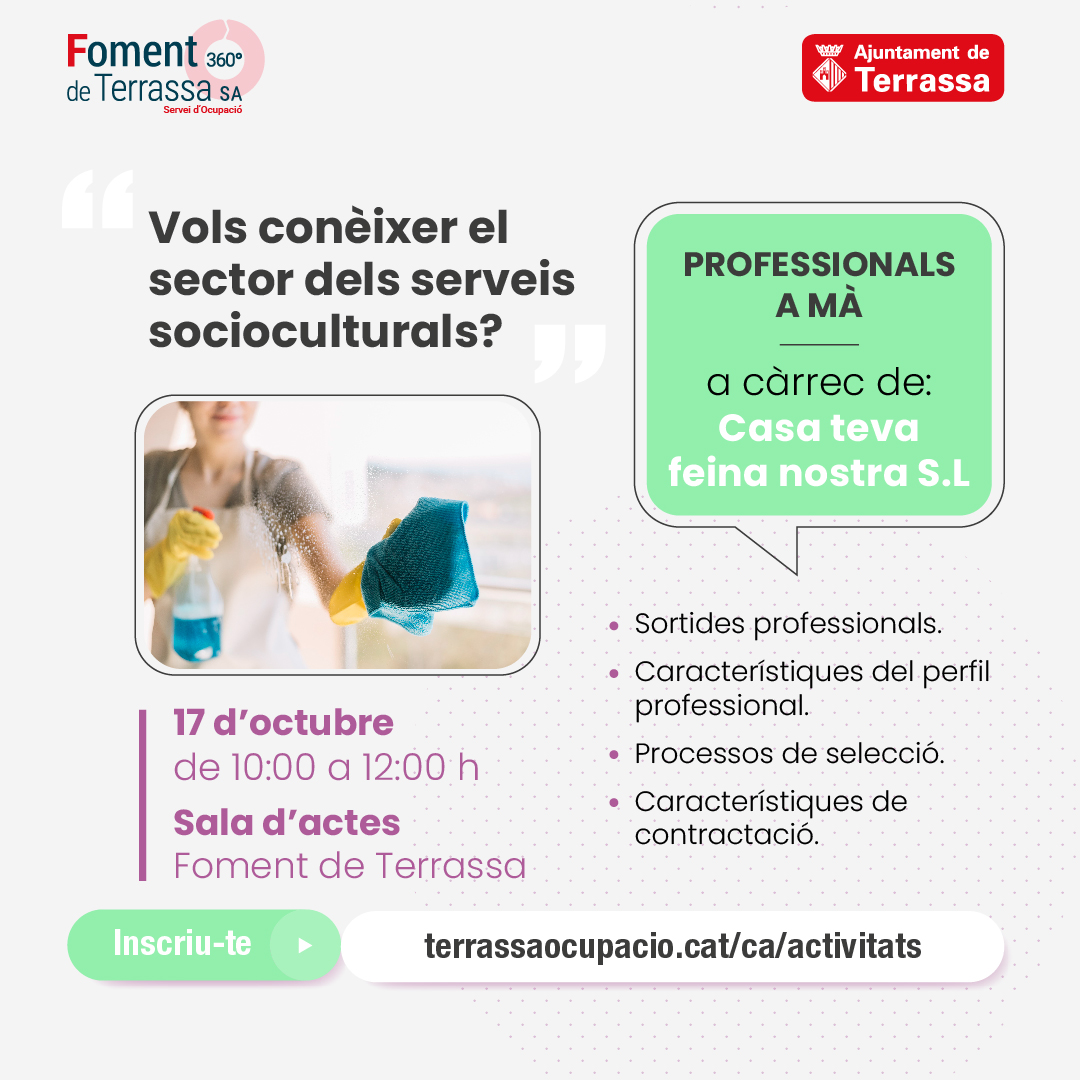 TrsOcupacio's tweet photo. 🔎 Estàs buscant una #oportunitatlaboral en el sector dels serveis socioculturals?

📅 El 17 d’octubre, no et perdis el nou Professionals a Mà, a càrrec de l’empresa Casa teva feina nostra S.L.

Fes la teva inscripció a: https://t.co/oaGhtEAsZR https://t.co/rmMfP9oVAm