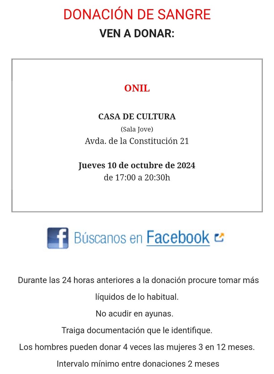 Donació de sang🩸a #Onil, 10 d'octubre de 2024, de 17 a 20.30h, a la Sala Jove del Centre Cultural Eusebio Sempere d'Onil. Amb la teua donació de sang col.labores amb hospitals en atenció dels malalts. La teua ajuda pot salvar la vida a 3 persones #DónaSang <a href="/GVAdonasang/">GVA Dona Sang</a> #DónaVida