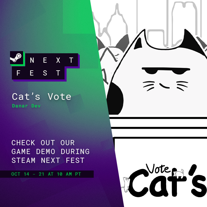 DanarKayfi's tweet photo. (Cat's Vote) #Demo will be available at #SteamNextFest 😻

Manage your feline family's happiness,  
balance resources,  &amp; cast votes in unpredictable elections!  
But, can you trust the candidate promises?

#steamwishlist #GameDev #IndieDev #تطوير_الألعاب #WishList #Steam https://t.co/Kp9k7kgmYn