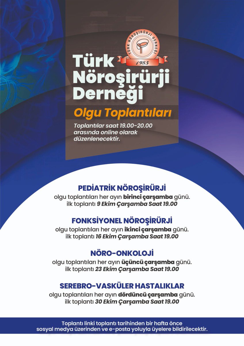 Türk Nöroşirürji Derneği Çevrimiçi Olgu Toplantıları 9 Ekim Çarşamba günü saat 19:00’da Pediatrik Nöroşirürji Olgu Toplantısı ile başlıyor…#beyincerrahisi #beyinvesinircerrahisi #nöroşirürji #neurosurgery#pediatriknöroşirürji #türknöroşirürjiderneği #turkishneurosurgicalsociety