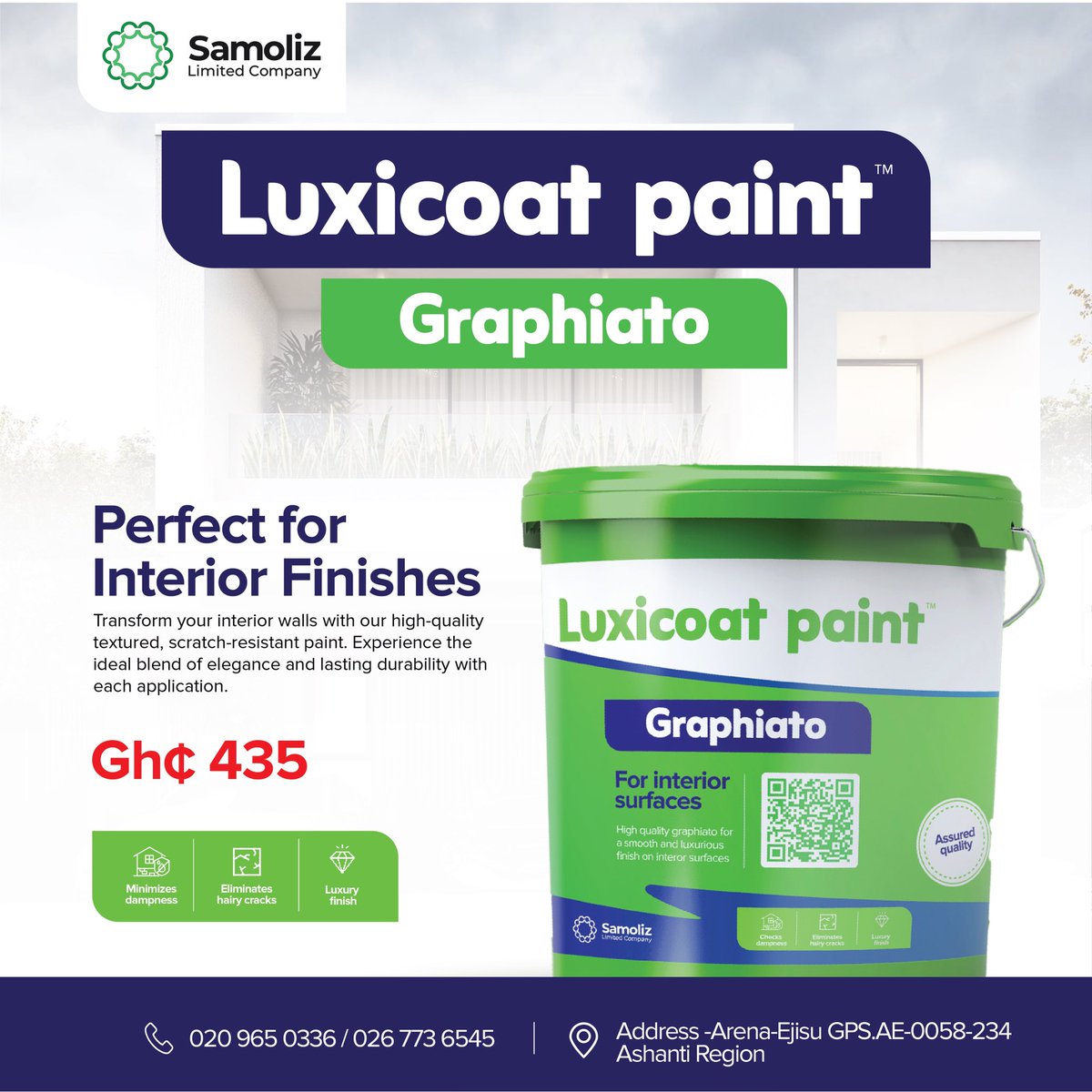 Give your walls the love they deserve with our textured, scratch-resistant paint. Every coat adds a touch of luxury and long-lasting protection to your home.

#LoveYourWalls #HomeSweetHome #LuxuryAndDurability #luxicoatgraphiato #ScratchResistantStyle #samolizlimitedcompany