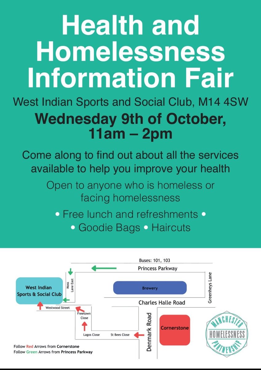 If you're homeless or at risk of becoming homeless, don't forget to come along to this free drop-in event today to help support your physical and mental health and wellbeing. 

Includes free lunch and refreshments, goodie bag and haircuts.

caritassalford.org.uk/event/health-f…