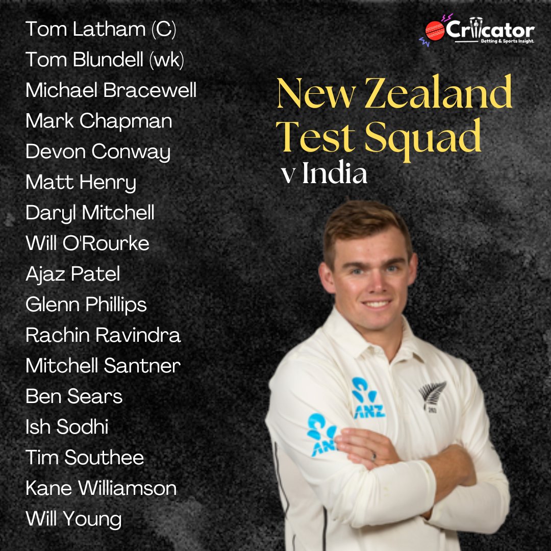cricator's tweet photo. Squad Reveal! 🇳🇿 New Zealand announces their Test squad for the India series! 🏏🔥 #NZvIND #TestCricket #BlackCaps #CricketTwitter #Cricket https://t.co/tHhquYxmUo