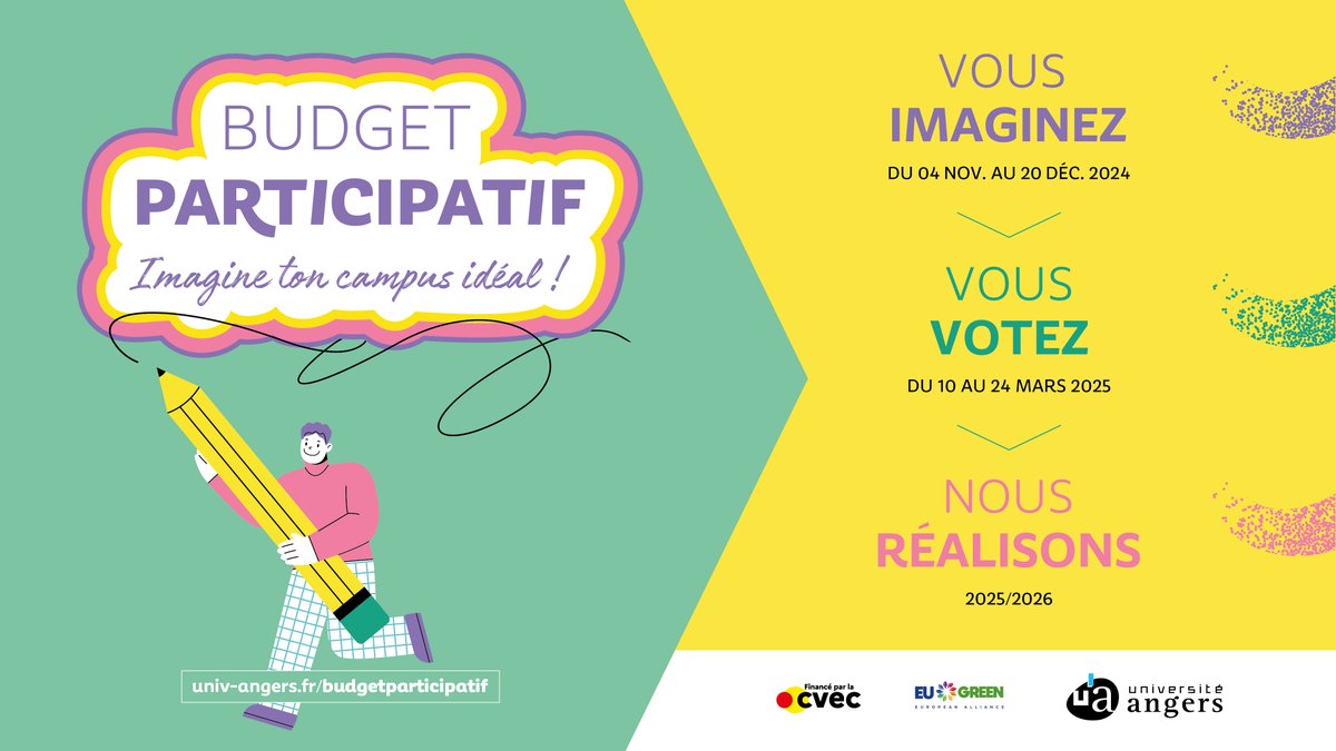 L'#UA lance son 1er budget participatif pour ses étudiant·es, avec une enveloppe de 50000 € ! 💡
Ce dispositif permettra aux étudiant·es de proposer des projets visant à améliorer les aménagements et les conditions de vie sur les campus.
+ d'infos ici 👉budget-participatif.univ-angers.fr