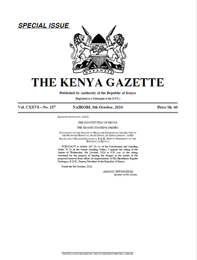 Senate_KE's tweet photo. The Speaker of the Senate @HonAmasonKingi has appointed today's Senate 9:30 a.m. sitting as a sitting convened for the purpose of hearing the charges in the matter of the proposed removal from office, by impeachment, of the Deputy President His Excellency Rigathi Gachagua. https://t.co/l6Y7Py7NWv
