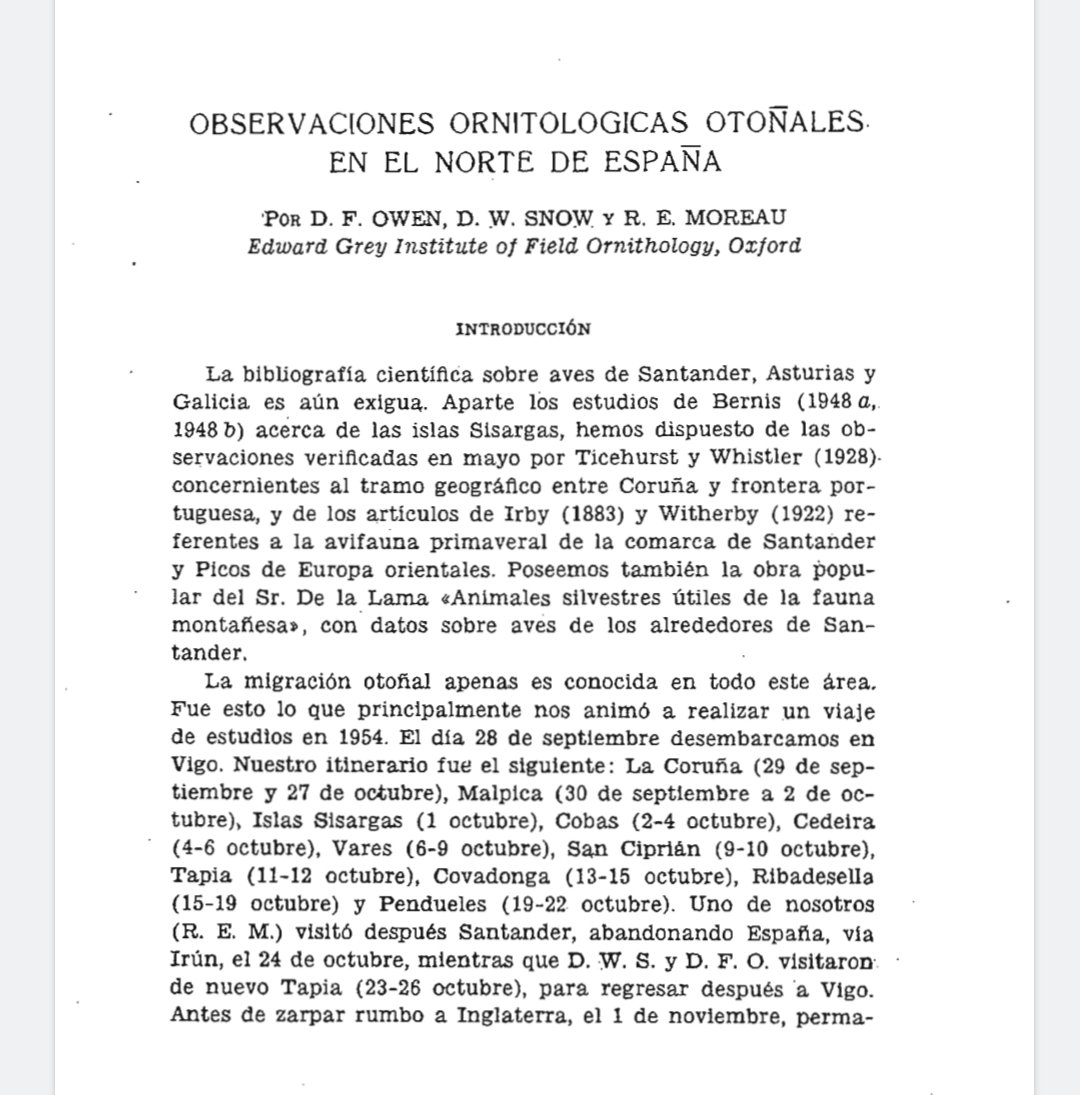 Estos días se cumplen 70 años (6-9 oct 1954, año que se fundó <a href="/SEO_BirdLife/">SEO/BirdLife</a> !) de la visita ornitológica a Estaca de Bares de D.F. OWEN, D.W. SNOW Y R.E. MOREAU, como parte de un viaje por el N de España que narraron así en el vol 2.1 de <a href="/ArdeolaJournal/">Ardeola</a> >
ardeola.org/en/volumes/21/…