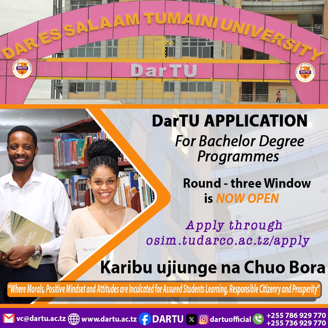 Dirisha la Udahili Awamu ya tatu kwa ngazi ya degree limefunguliwa, ili kufanya maombi ya kujiunga na DarTU tembelea tovuti yetu: dartu.ac.tz
WAHI SASA.