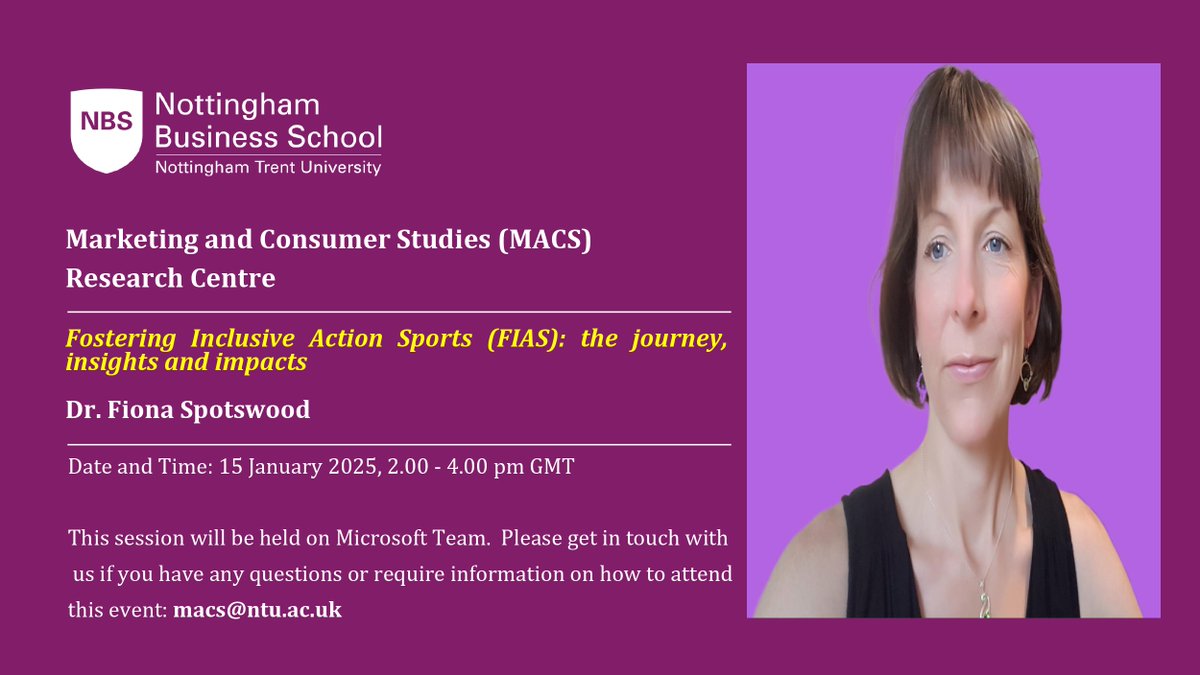 Marketing and Consumer Studies Research Centre (@mktresearchnbs) on Twitter photo We’re thrilled to announce Dr. Fiona Spotswood (<a href="/FiSpotswood/">Dr Fiona Spotswood</a>) <a href="/BristolUni_BSch/">University of Bristol Business School</a> as a speaker for our 2nd #ResearchAssembly! Fiona will discuss "Fostering Inclusive Action Sports: the journey, insights, and impacts" .
Register here: ntu.ac.uk/about-us/event…
#PhysicalActivity We’re thrilled to announce Dr. Fiona Spotswood (<a href="/FiSpotswood/">Dr Fiona Spotswood</a>) <a href="/BristolUni_BSch/">University of Bristol Business School</a> as a speaker for our 2nd #ResearchAssembly! Fiona will discuss "Fostering Inclusive Action Sports: the journey, insights, and impacts" .
Register here: ntu.ac.uk/about-us/event…
#PhysicalActivity