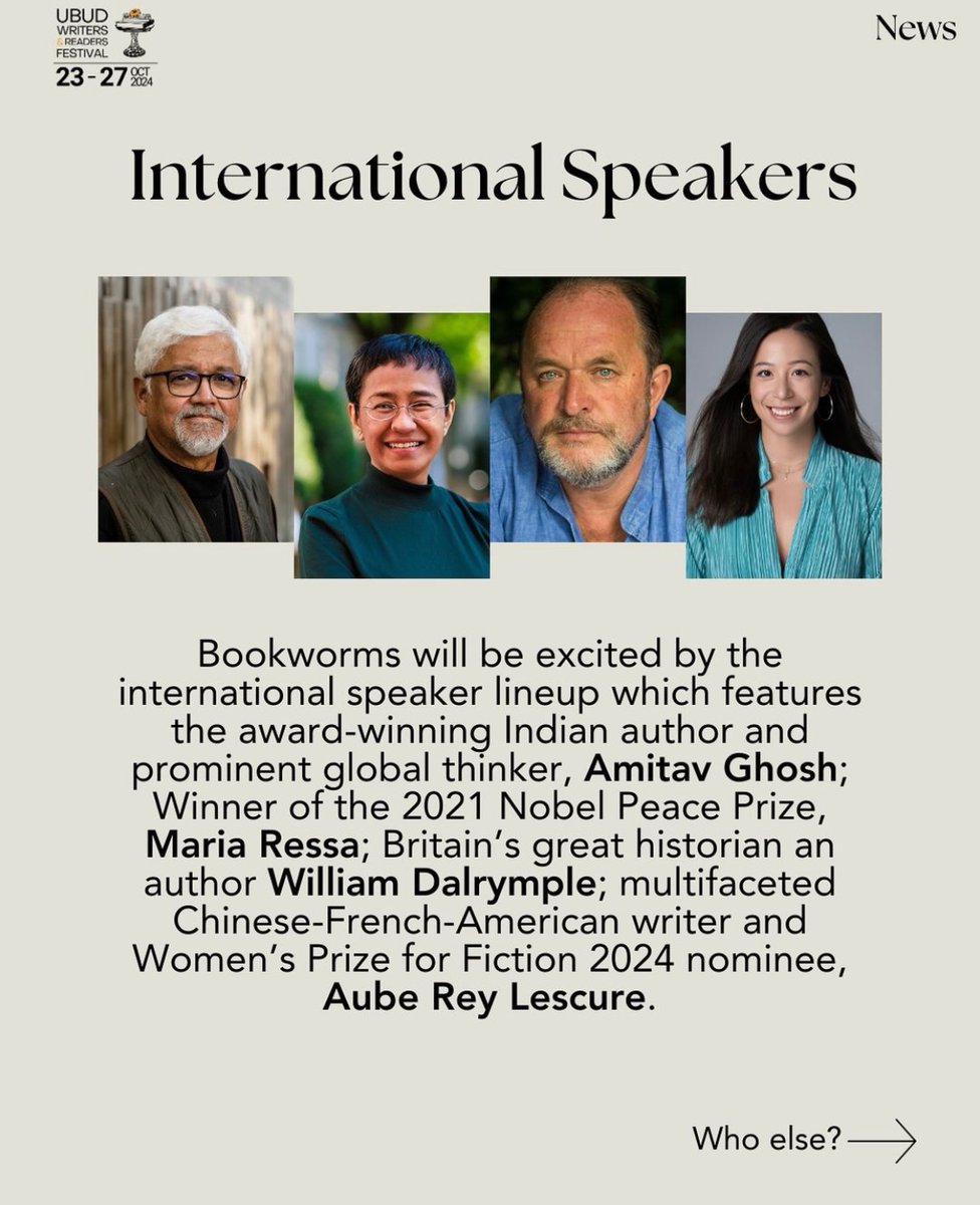 Aube Rey Lescure (@aubereylescure) on Twitter photo Headed to the <a href="/ubudwritersfest/">Ubud Writers & Readers Festival 2024</a> later this month and honored to be in such inspiring company. Writer/reader friends, add this festival to you list for its stellar celebration of literature, journalism, and arts from Asia and beyond! See you in Indonesia 🇮🇩 Headed to the <a href="/ubudwritersfest/">Ubud Writers & Readers Festival 2024</a> later this month and honored to be in such inspiring company. Writer/reader friends, add this festival to you list for its stellar celebration of literature, journalism, and arts from Asia and beyond! See you in Indonesia 🇮🇩