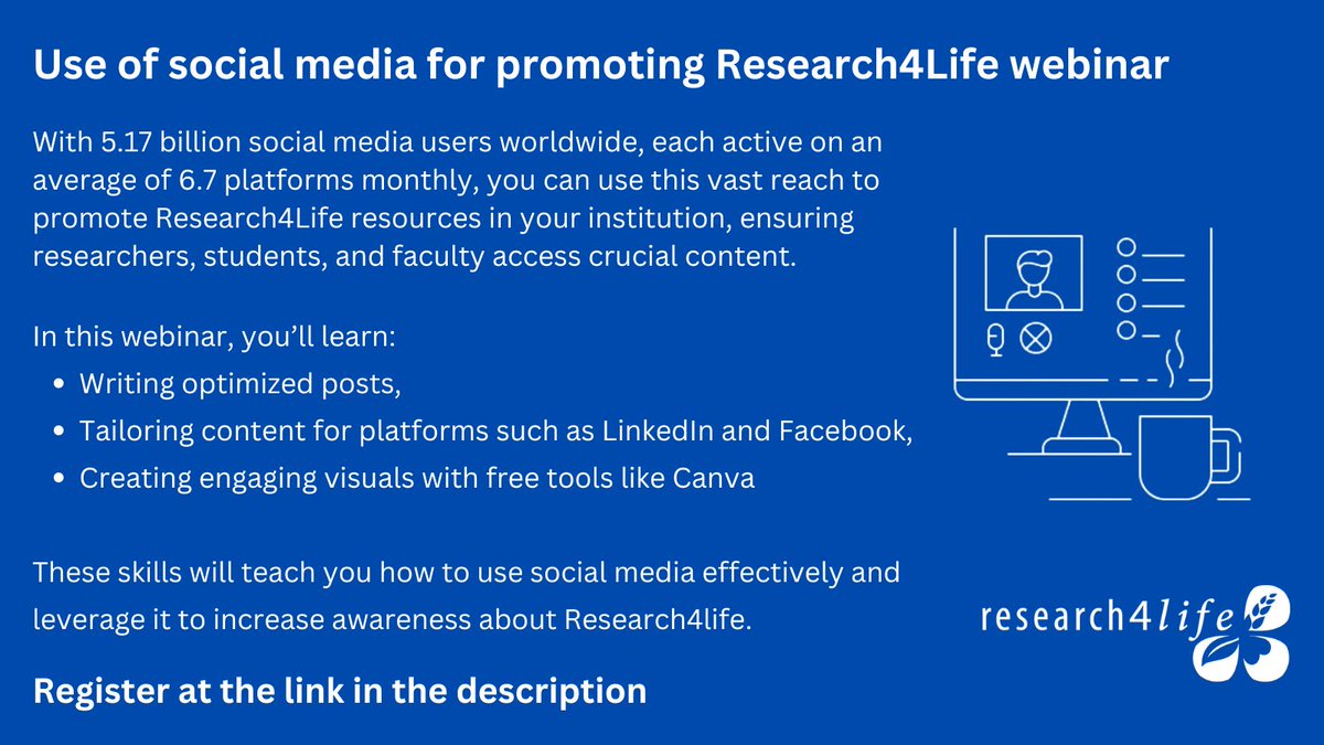 Join us today for a webinar on how to harness the power of social media to raise awareness of Research4Life resources within your institution.
🗓️ 9 October 
🕒 15:00 CAT &amp; CET
🌐Register here: bit.ly/3XOlSkY