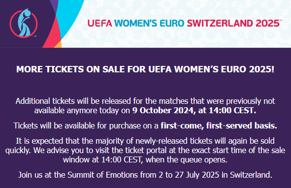 sandra_stucki's tweet photo. 🎟️ Alert: More Tickets for the UEFA Women's Euro 2025 available today from 14h CET.
Yeah!!

https://t.co/7NNFhgAIFG

#WEURO #womensEuro #WEURO2025 https://t.co/O6p4ey5dyY