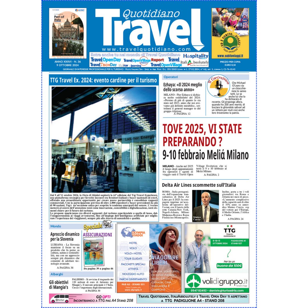 #TOVE 2025, vi state preparando? Leggi il numero di oggi!
Siamo al TTG Travel Experience Padiglione A4, Stand 208!Passate a ritirare il giornale!
Buon lavoro a tutti!
Sfoglia il numero di oggi online! ➤➤ bit.ly/3U0Eaye