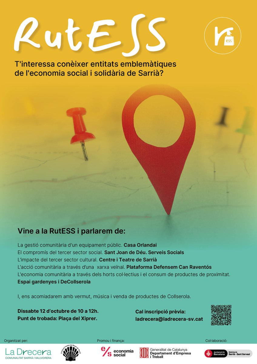 LaDreceraSv's tweet photo. Aquest dissabte vine a la #RutESS! Coneixerem entitats emblemàtiques de l'#ESS de Sarrià i acabarem a l'@EspaiGardenyes amb un vermut i la música de Mabeles!
📍Punt de trobada a la Plaça del Xiprer
⏱️A les 10h
Inscripcions a ladrecera@ladrecera-sv.cat 📲 https://t.co/G5Mx9GQeYY