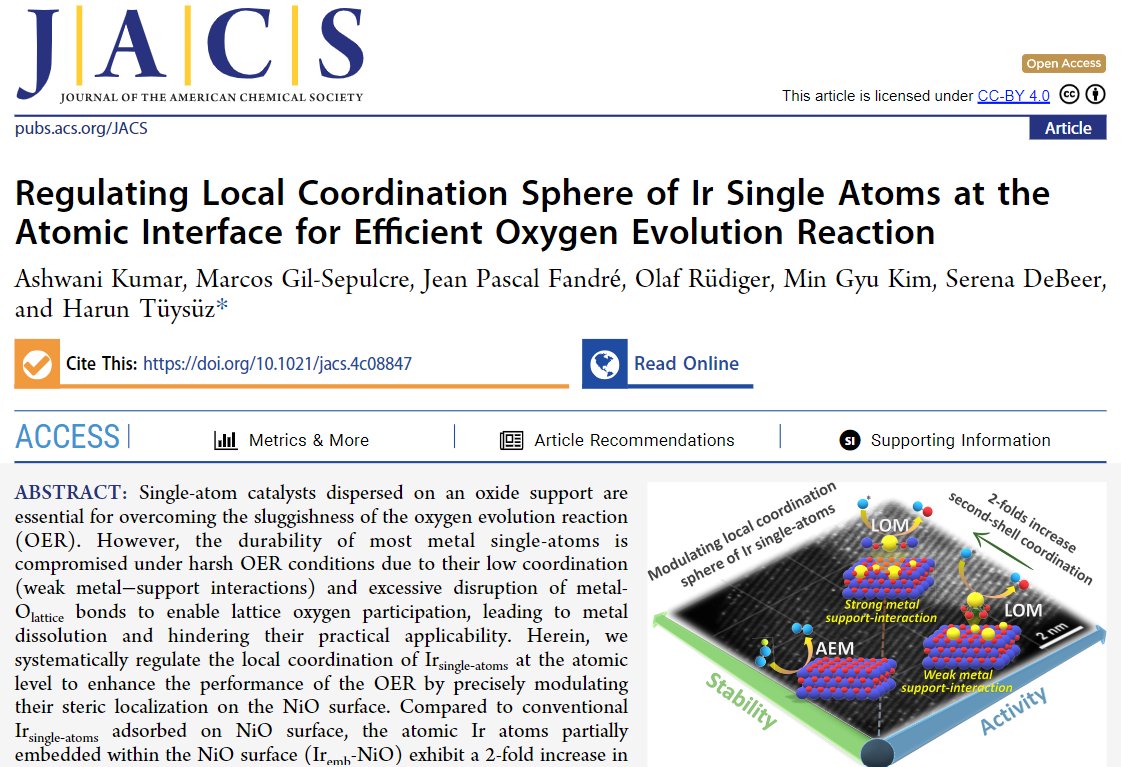 Pleased to share our latest research article published in <a href="/J_A_C_S/">J. Am. Chem. Soc.</a>. We investigated the effect of local coordination sphere modulation of Ir single atoms on  OER stability. Thanks to <a href="/TuysuzLab/">Harun Tüysüz Lab - IMDEA Materials / MPI-KOFO</a> #MPI_KOFO <a href="/mpicec_press/">MPI-CEC</a> <a href="/AvHStiftung/">Humboldt-Stiftung</a> and all co-authors!
pubs.acs.org/doi/full/10.10…