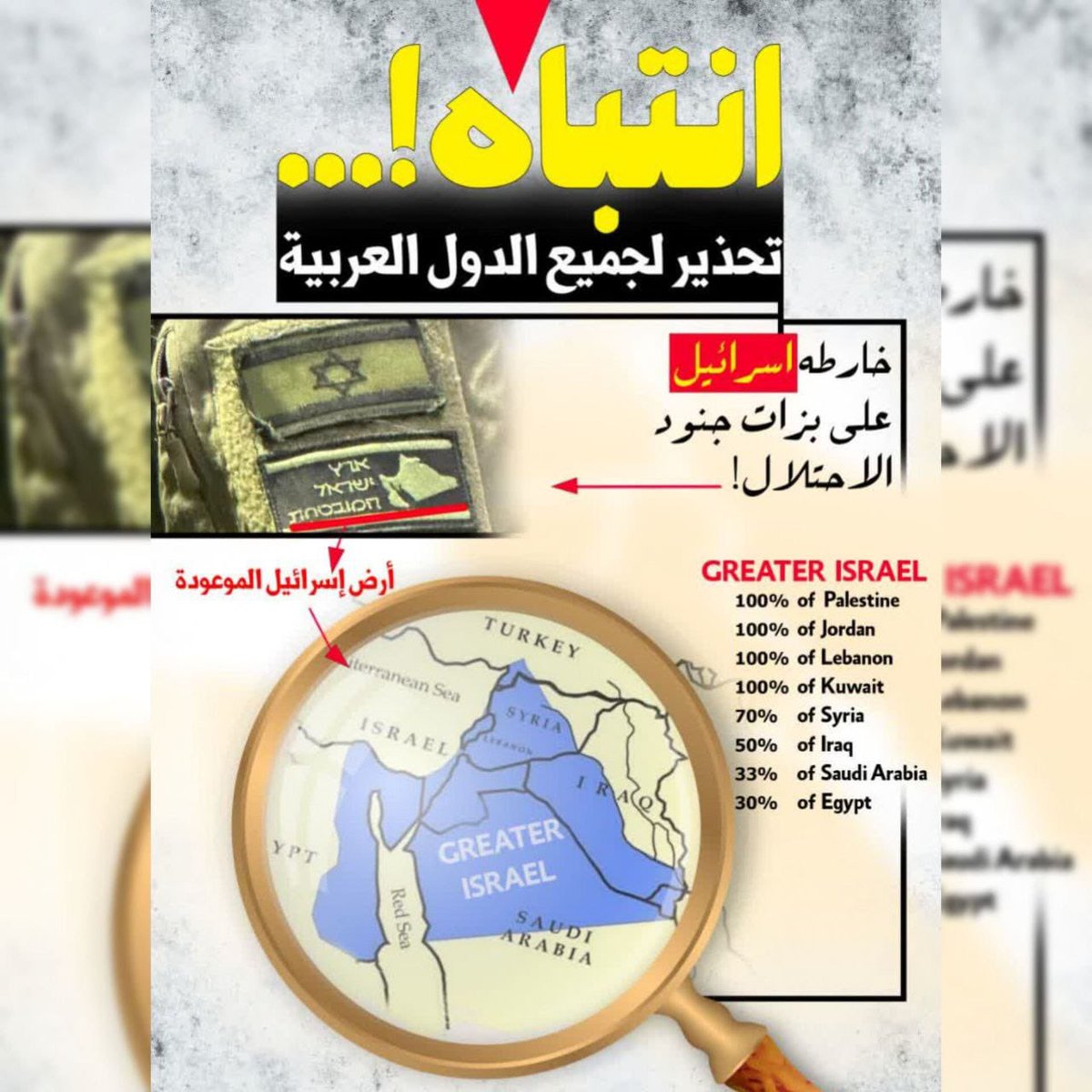kuttoori's tweet image. A warning to all Arab governments: The military uniform of this fake regime includes Israel’s map, affecting countries like Palestine, Jordan, Kuwait, Syria, Iraq, Saudi Arabia, and Egypt.

#ArabUnity #StandAgainstOccupation #MiddleEastCrisis #Palestine #Resist