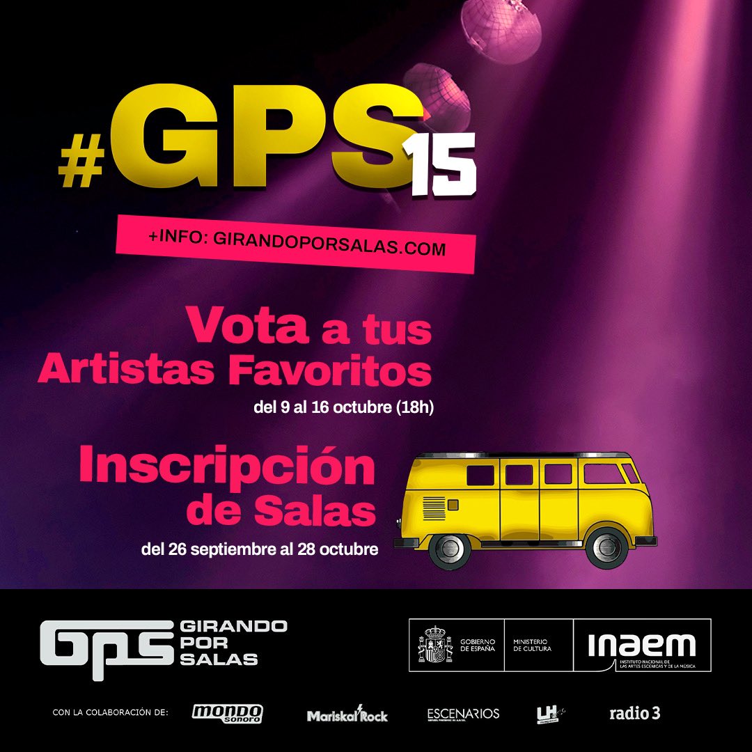 girandoporsalas's tweet photo. Buenos días. A partir de las 11:00h ya puedes votar por tus artistas favoritos #GPS15 a través de nuestra web https://t.co/5UbOZh6l6n #NosVemosEnLasSalas #QuinceAñosGirando https://t.co/UO1Rvzb23T