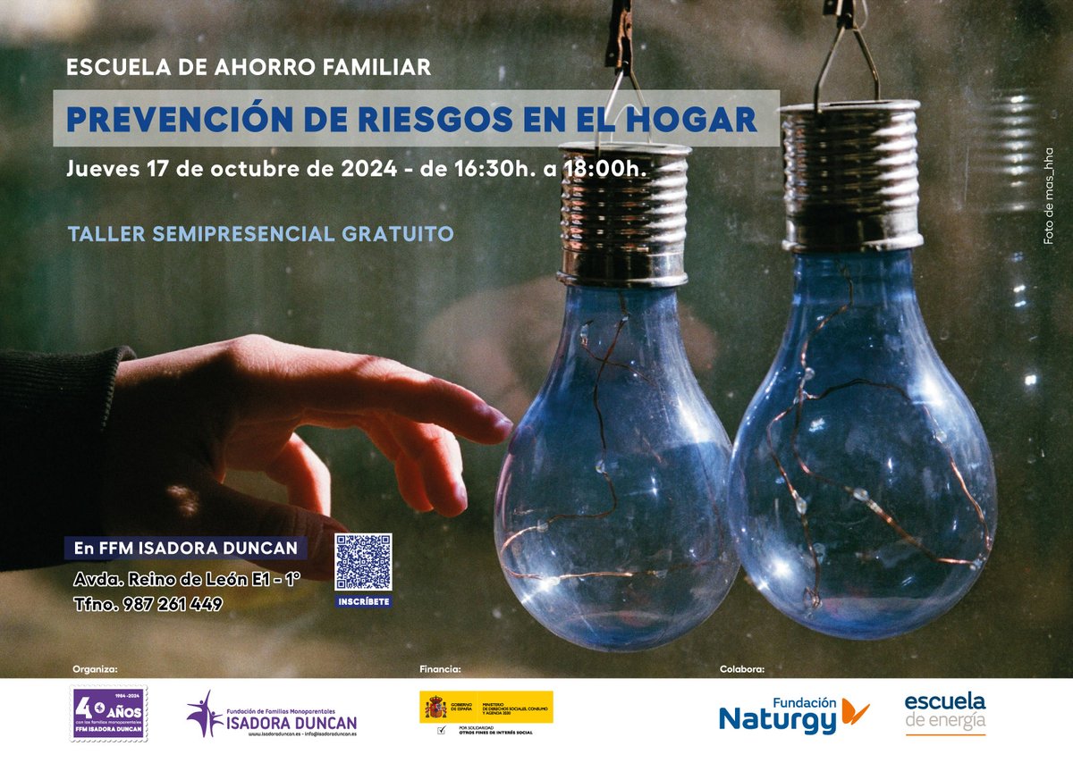 ¡Retomamos nuestra Escuela de ahorro familiar!

👩‍🎓Taller de PREVENCIÓN DE RIESGOS EN EL HOGAR 
🗓️Jueves 17 de octubre
🕟16:30 a 18:00
💻Semipresencial

INSCRIPCIÓN: isadoraduncan.es/inscripcion-ta…

+ info: api.whatsapp.com/send?phone=346…