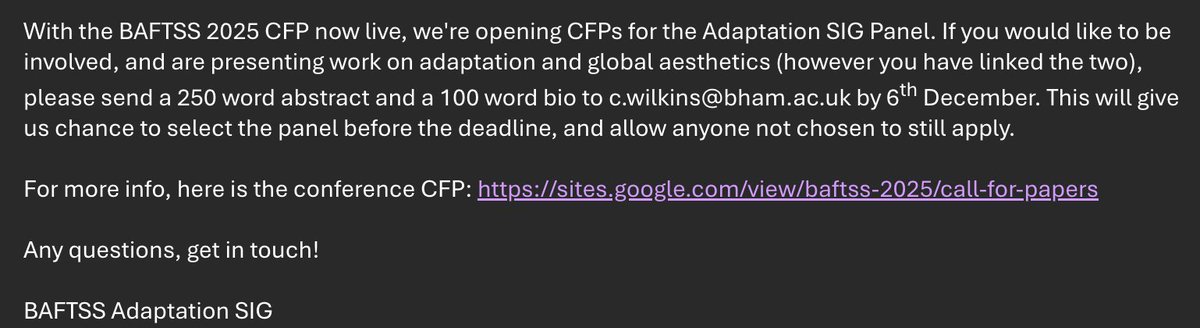 With the BAFTSS CFP now live, here is the CFP for the Adaptation panel: