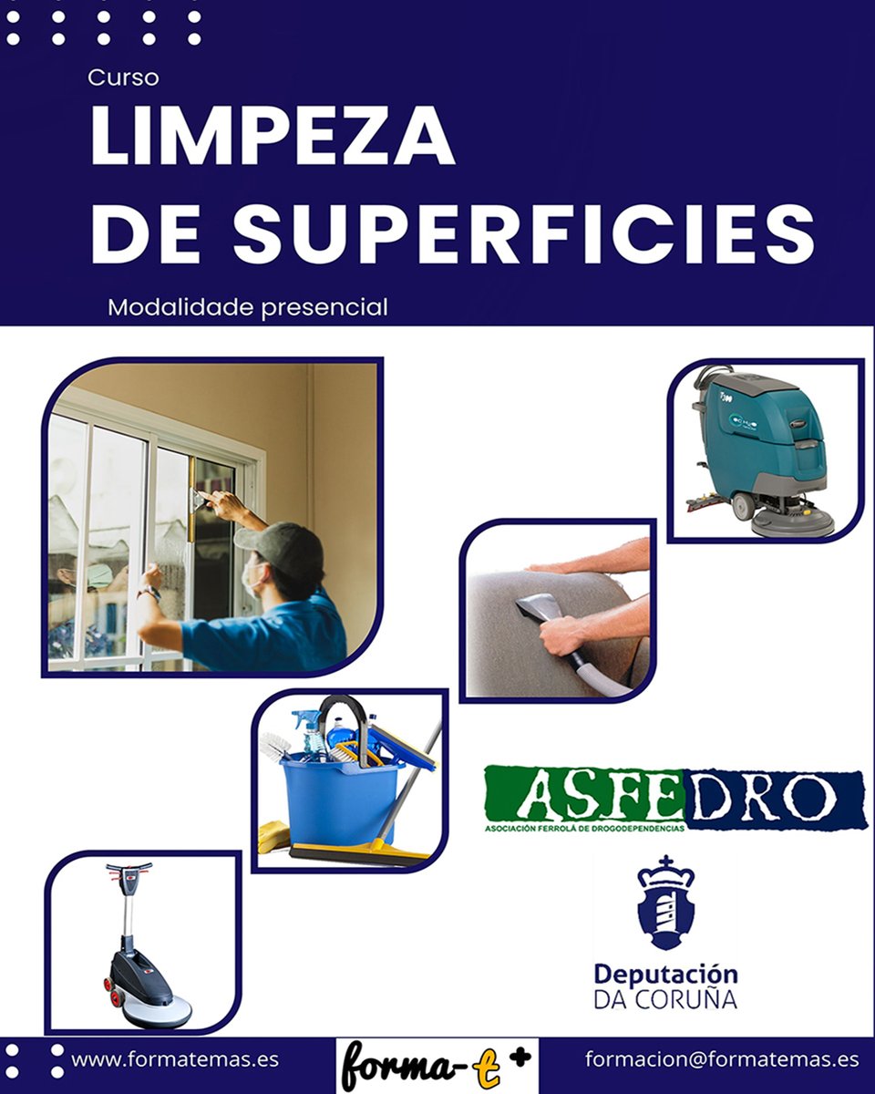 Formatemas (@masformate) on Twitter photo Imos impartir un Curso de Limpeza de Superficies, organizado pola Unidade de Día de ASFEDRO e cofinanciado pola Deputación de A Coruña.
📅 Datas: Do 29 de outubro ao 28 de novembro de 2024
📷 Duración: 40 horas
<a href="/Asfedro/">Asfedro</a>
<a href="/Depucoruna/">Deputación da Coruña</a>
<a href="/seguidores/">seguidores</a> Imos impartir un Curso de Limpeza de Superficies, organizado pola Unidade de Día de ASFEDRO e cofinanciado pola Deputación de A Coruña.
📅 Datas: Do 29 de outubro ao 28 de novembro de 2024
📷 Duración: 40 horas
<a href="/Asfedro/">Asfedro</a>
<a href="/Depucoruna/">Deputación da Coruña</a>
<a href="/seguidores/">seguidores</a>