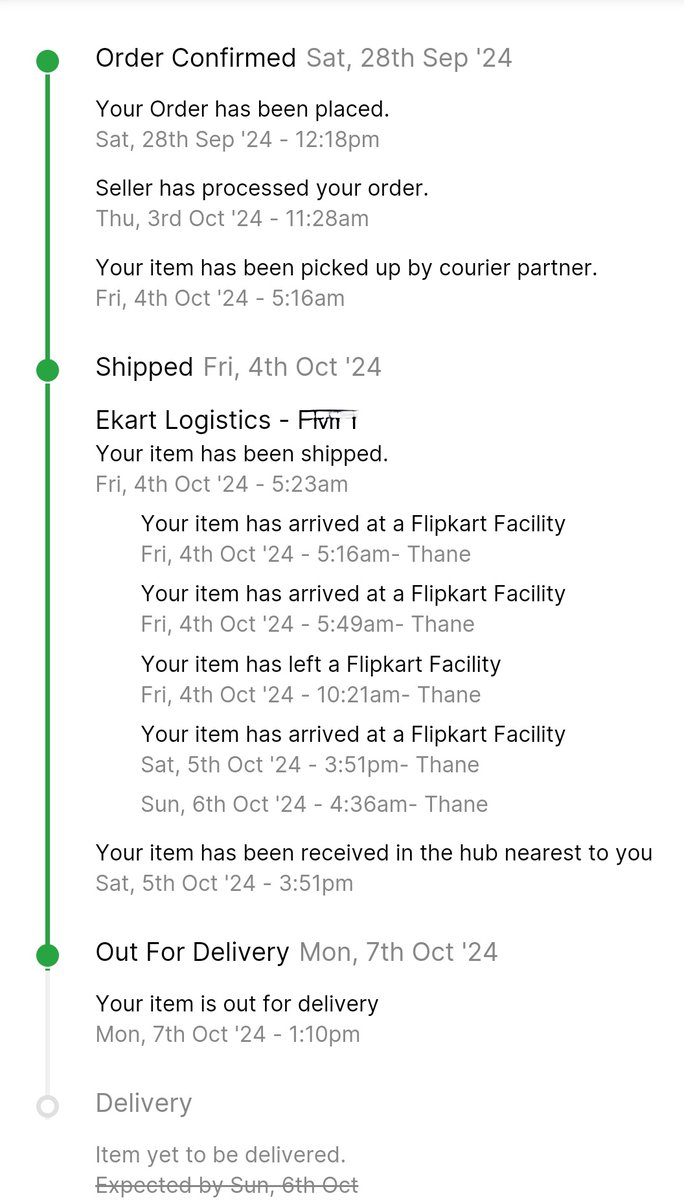ToshPillai's tweet photo. What's happening @Filpkart deliveries are delayed, everyday receive SMS daily saying your order shall be delivered today and nothing. Status remains the same for days to end @WalmartinIndia https://t.co/RaiuzdcQe7