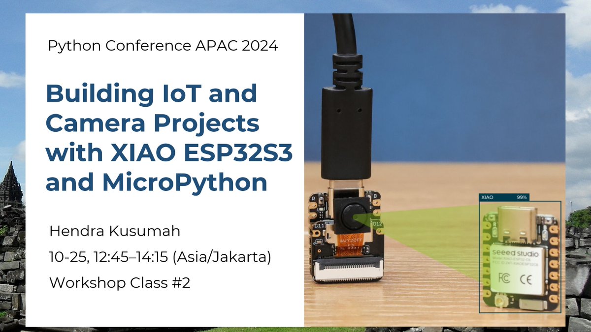 seeedstudio's tweet image. Excited to share that our Ranger, Hendra Kusumah, will host a workshop "Building #IoT and Camera Projects with #XIAO ESP32S3 and #MicroPython" at PyCon APAC 2024 on October 25th! In this workshop, Hendra will guide participants through harnessing the power of the XIAO ESP32S3