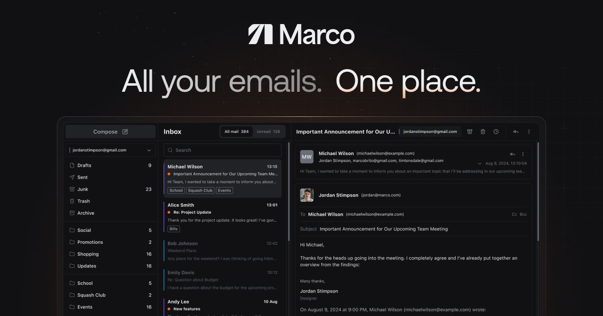 Exciting news! The waitlist for Marco is now LIVE! 🎉 

Sign up today and be one of the first to experience a new way of managing all your emails effortlessly with a single app.

Join now 👉 marcoapp.io

 #Email #Waitlist #Launch #EmailClient