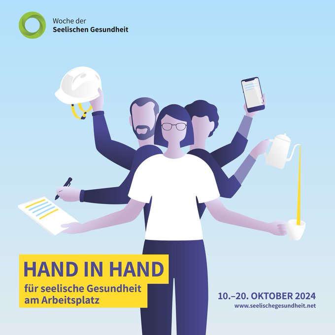 Morgen startet die Woche der seelischen Gesundheit (10.-20.10.2024) zum Thema „Hand in Hand für seelische Gesundheit am Arbeitsplatz”! 
Auftaktveranstaltung in Berlin am 10.10. gibt's auch im Livestream: youtube.com/live/7_RV0Vg23…