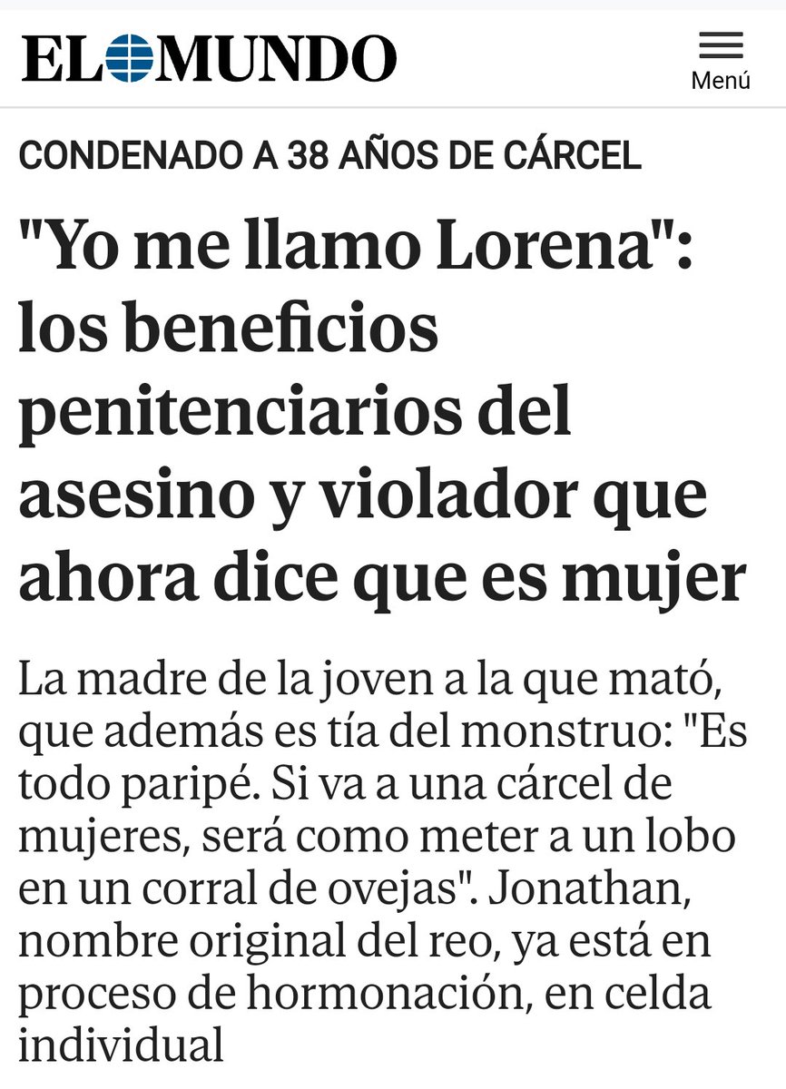 caramelitoricoa's tweet photo. En España, varón q asesinó a su prima a martillazos, la vi0ló y eyaculó sobre su cadáver, dijo el primer día de juicio q le llamasen Lorena. Ahora tiene celda individual para no estar con varones y solo le cachean funcionariAs. Se ha dejado el pelo largo y viste ropa "de mujer". https://t.co/GWn3O0Aesw