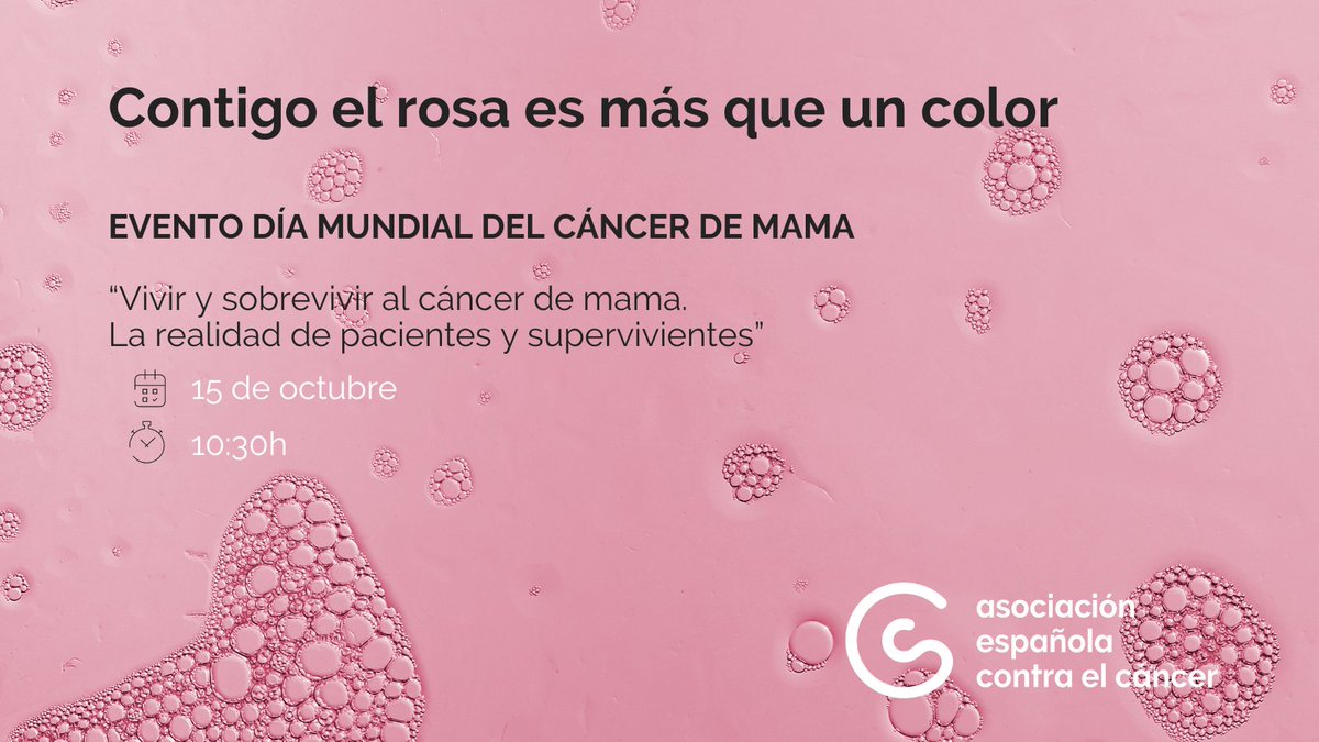 Por el Día Mundial Contra el Cáncer de Mama, celebramos un evento dónde presentaremos el estudio “Vivir y sobrevivir al cáncer de mama. La realidad de pacientes y supervivientes”
#ElRosaEsMásQueunColor
15 de octubre
10:30h
¡Regístrate! news.contraelcancer.es/public/m/mama-…