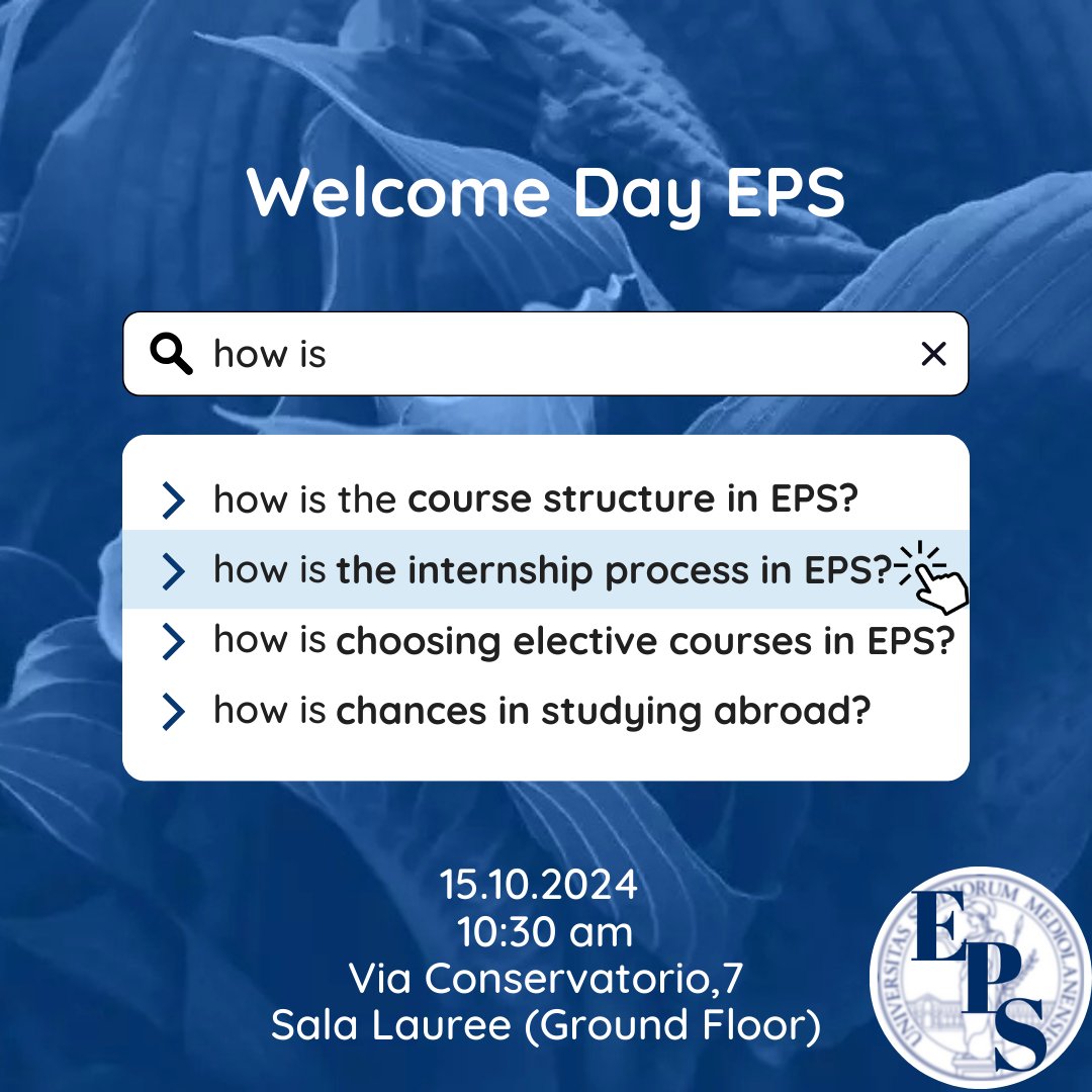 eps.unimi (@eps_unimi) on Twitter photo 📅 Join us on October 15, 2024, at 10:30 for our Welcome Day in Sala Lauree DEMM (Via Conservatorio, 7). Let’s kick off your journey on the right foot! Ask your questions to our professors and students. We can’t wait to meet you. 🎓
#EPSCommunity #WelcomeDay2024 #MasterProgram 📅 Join us on October 15, 2024, at 10:30 for our Welcome Day in Sala Lauree DEMM (Via Conservatorio, 7). Let’s kick off your journey on the right foot! Ask your questions to our professors and students. We can’t wait to meet you. 🎓
#EPSCommunity #WelcomeDay2024 #MasterProgram